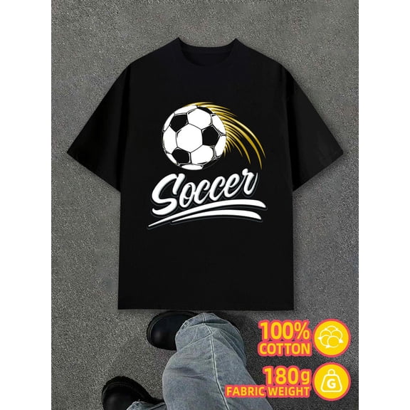 Soccer Ball Tee for men black 180G 100% Cotton Fashionable summer T-shirt, machine washable Basic Unisex Shirt Printed tshirts Classic Unisex Shirt Cotton tshirts