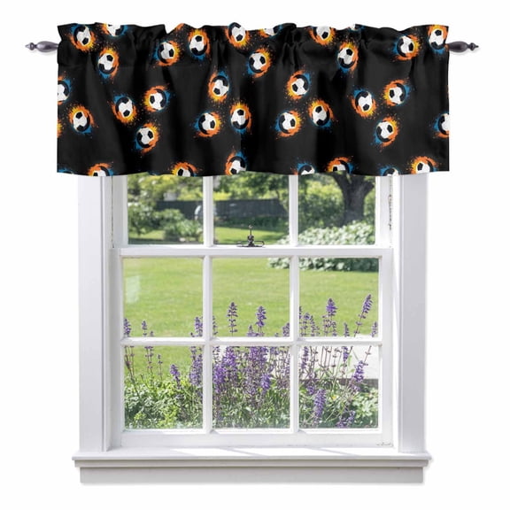 Soccer Ball Valances for Windows, Sports Athletic Fiery Trails Soccer Brown Background Rod Pocket Valance Short Window Treatments Curtains for Kitchen Bathroom Bedroom Decor, 54 x 18 Inches