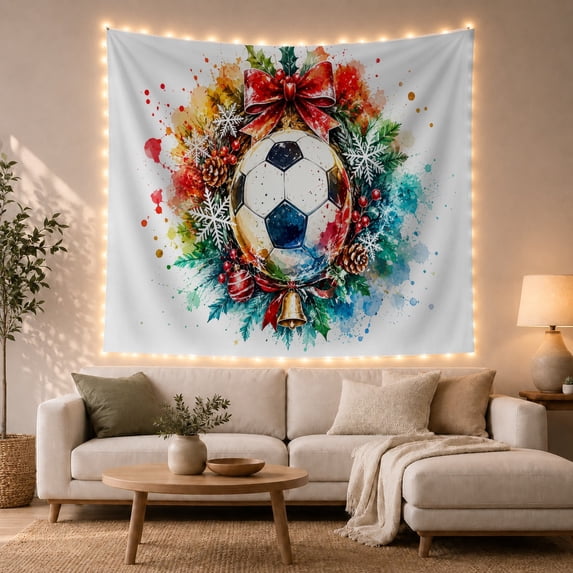 Soccer Ball Wreath With Snowflakes and Berries, Playful Watercolor for Sports Fans, Soccer Art Decor, Christmas Gift, Tapestry Wall Hanging for Bedroom and Dorm
