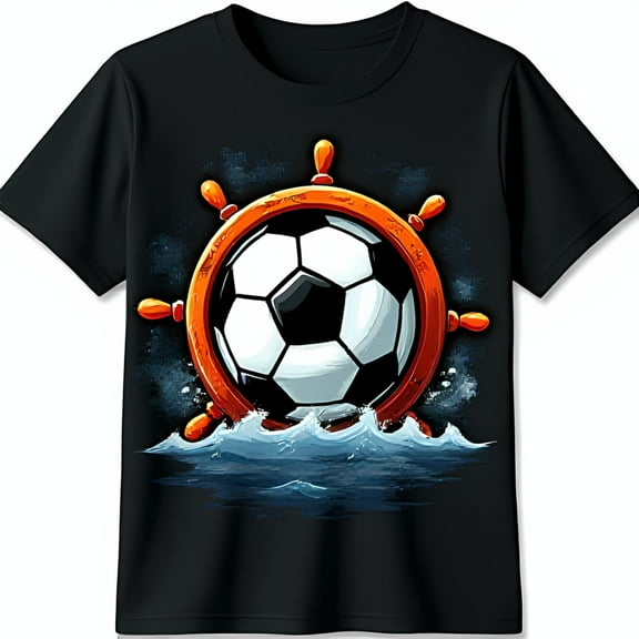 Soccer Ball in Ship Wheel Graphic T-Shirt Waves Design on Black Tee