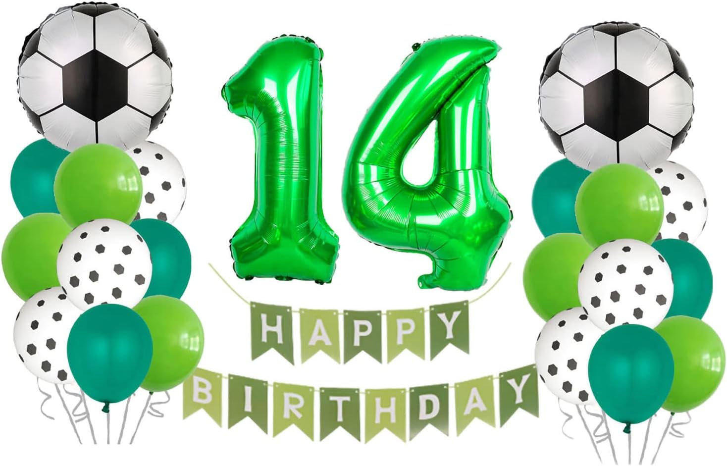 Soccer Balloon Set 14th Birthday Decoration Green Number 14 Foil