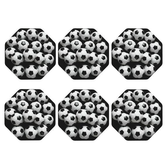 Soccer-Balls Black Set of 6 Faux Leather 4 Inch Coasters Drinks Tabletop Home Dinning Octagon