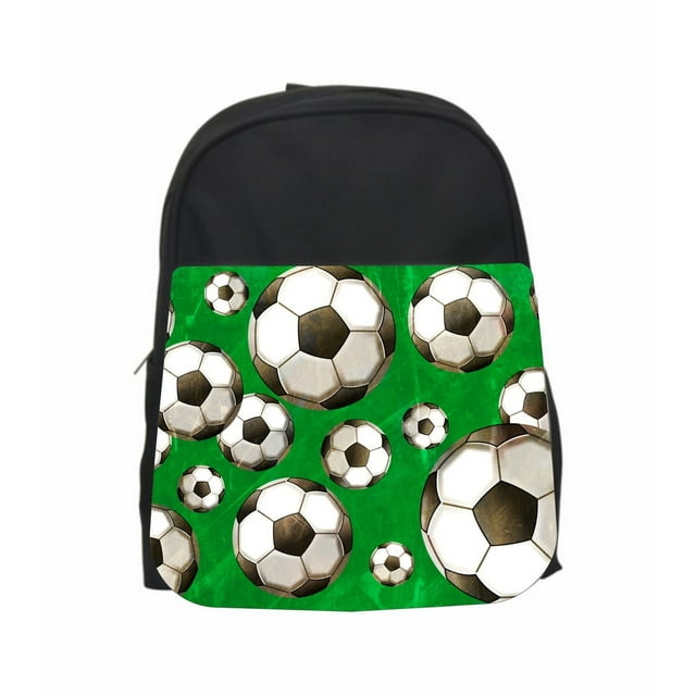 Soccer Balls On Green 13" x 10" Black Preschool Toddler Children's Backpack & Pencil Bag Set