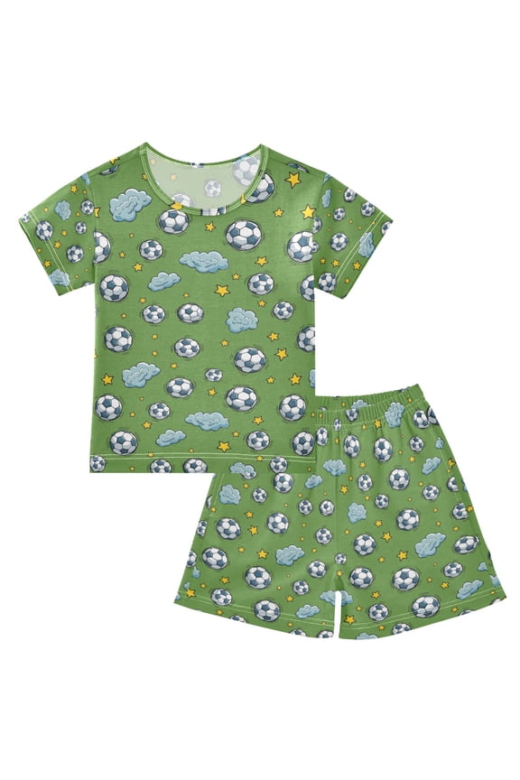 Soccer Balls Pattern Summer Pajama Set Soft Cotton Short Sleeve Sleepwear 2PCS Pajama Sets Breathable Lounge Set Size 14Y