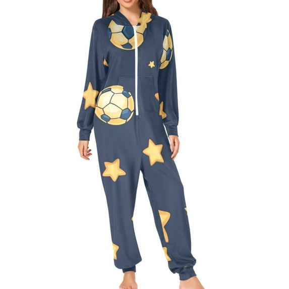 Soccer Balls with Stars Adult's Hoodie Onesie Jumpsuit One-Piece Pajamas with Zipper Unisex for Holiday S