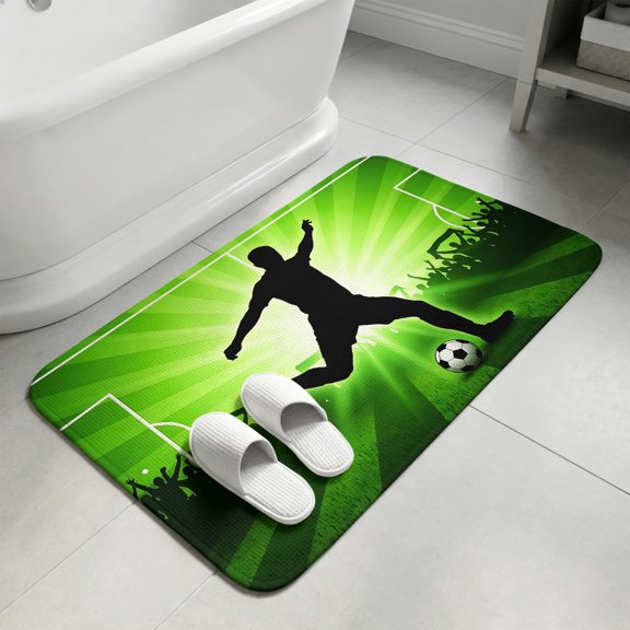 Soccer Bathroom Rugs Non Slip Washable Bath Mat Absorbent Low Pile Front Door Mat Bright Green Football Victory Kick Indoor Doormat for Kitchen Entryway Shower Decor Accessories 15.7"x23.6"