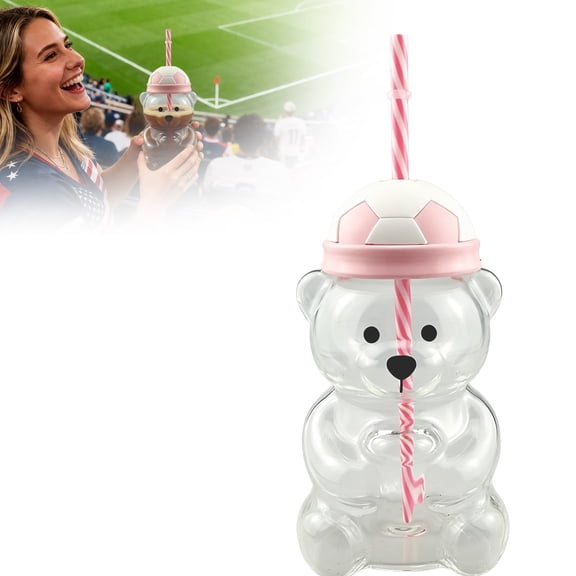 Soccer Bear Shaped Glass Tumbler with Straw – 19.6oz Cute Bear Mug with Football Hat Lid – Reusable Drink Cup for Iced Coffee Milk and Water – Perfect Holiday Gift – 1 Pack