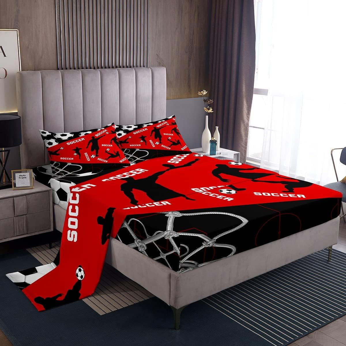 Soccer Bed Sheets for Kids Boys Teens,Red and Black American Soccer ...