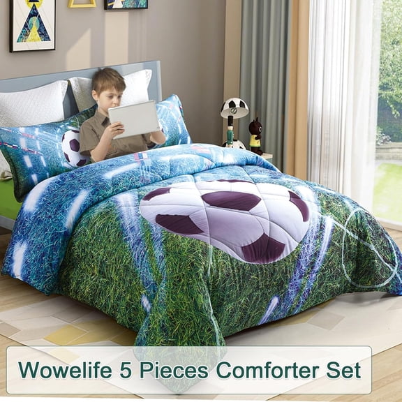 Soccer Bedding Set Green Queen 5 Pieces