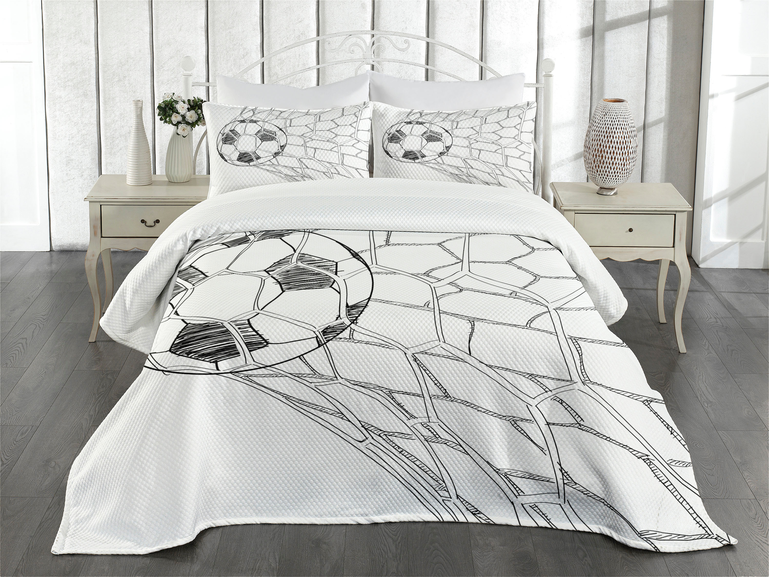 Soccer Bedspread Set Queen Size, Soccer Ball in Net Goaly Position