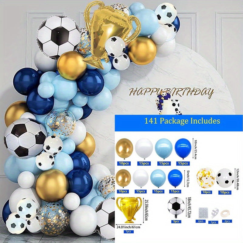 Soccer Birthday Decorations Balloon Arch Kit, Blue Gold Football Theme Party Balloons with Trophy Balloon Soccer Ball Balloons for Boys Sports Birthday Party Supplies