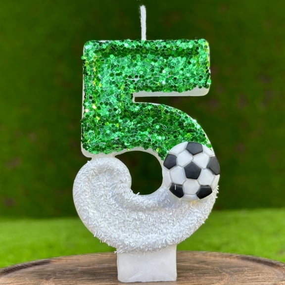 Soccer Birthday Number Candle with Green Glitter, 3D Football Cake Topper for Boys Sports Party, Number 0-9 Wax Decoration (2.95" Tall)