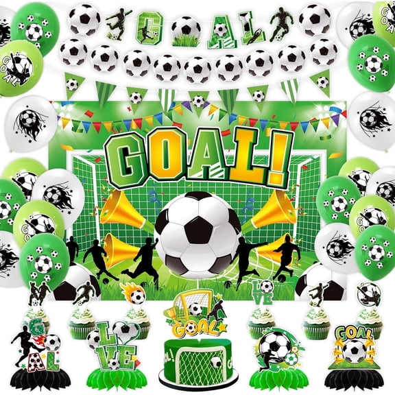 Soccer Birthday Party Decorations Set with GOAL Backdrop,Soccer Banner,Balloons,Honeycomb Centerpieces,Cake Toppers & Ribbons for Boys Soccer Themed Birthday,Baby Shower & Sports Party Supplies