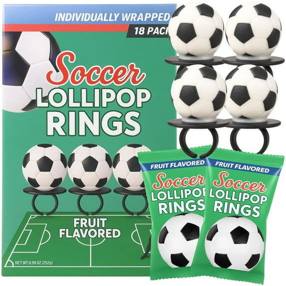 Needzo Soccer Lollipop Rings, Sports Team Candy, 18 Count, 8.82 Oz Box