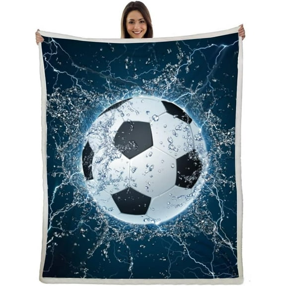 Soccer Blanket 3D Print Throw Blanket Soccer Ball on Water Blue Background Soft Plush Sherpa Fluffy Blankets Soccer Gifts for Kids Boys All Season Couch Bed Home Decor (Soccer,50"×60")
