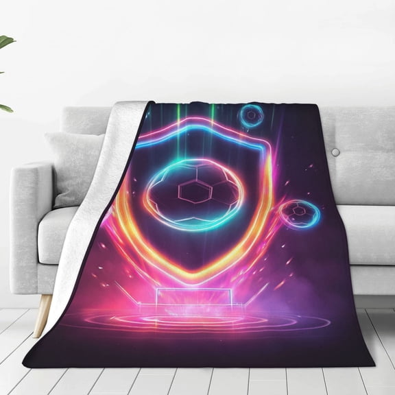 Soccer Blanket, Neon Glowing Victory Shield Flannel Fleece For Dorm Room RV Picnic 50x40