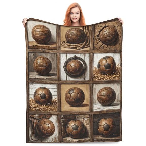 Soccer Blanket, Retro Rustic Leather Soccer Ball Pattern Unique Gift For Sports Fans, Soft Plush For Lounge Chair Couch, Farmhouse Home Decor 50x40