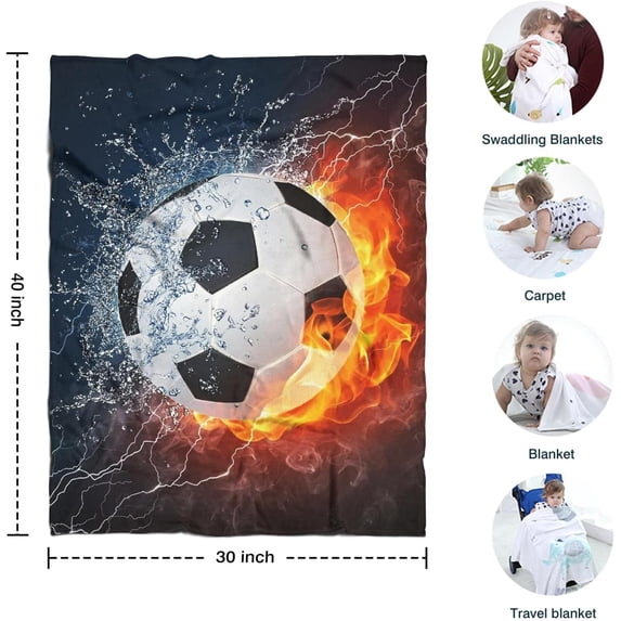 Soccer Blanket for Boys 30"x40" 3D Printed Ball in Fire Blankets for Youth Adult Flannel Throw Home Decor for Couch Room