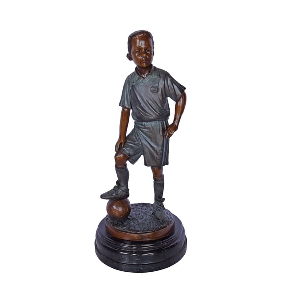 Nifao Soccer Boy Player in Action Bronze Statue on Marble, Home Office Decor Sculpture, 12"L x 12"W x 26"H