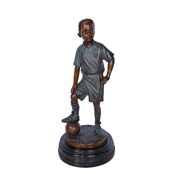 Soccer Boy Player in Action Bronze Statue on Marble - Size: 12"L x 12"W x 26"H.