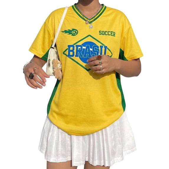 Soccer Brazil Jersey 2026 Soccer Shirt for Women Mexico Jersey Y2k V Neck Short Sleeve Shirt Fan Tops #L