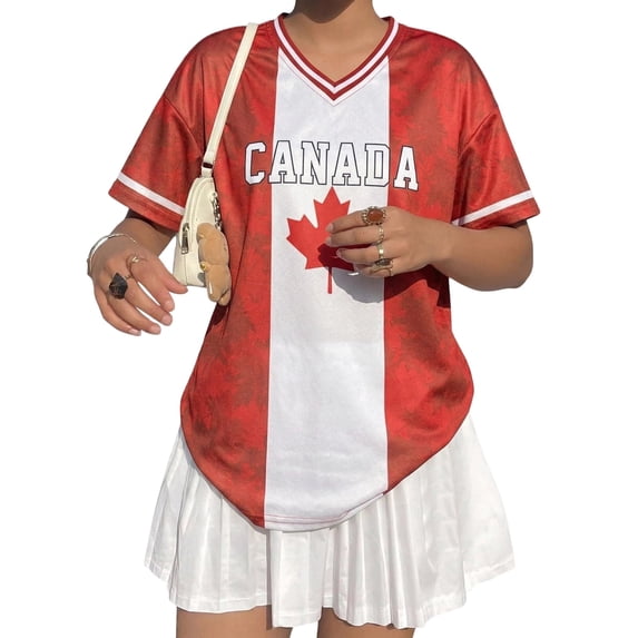 Soccer Canada Jersey 2026 Soccer Shirt for Women Mexico Jersey Y2k V Neck Short Sleeve Shirt Fan Tops #M