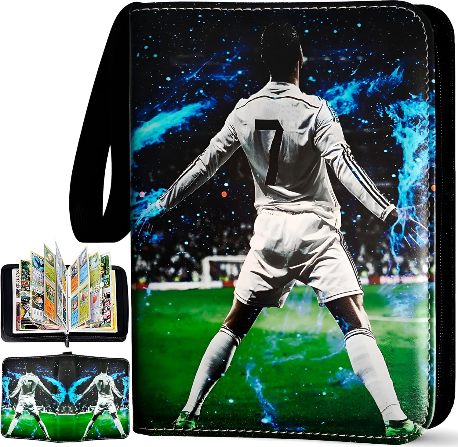 Soccer Card Binder 440 Pockets, 55 Sleeves Small Soccer Binder 3 Ring Zipper Trading Cards Holder 4 Pocket, Sport Card Collection Folder Book Storage Organizer, Album Case Protector Collector Gift