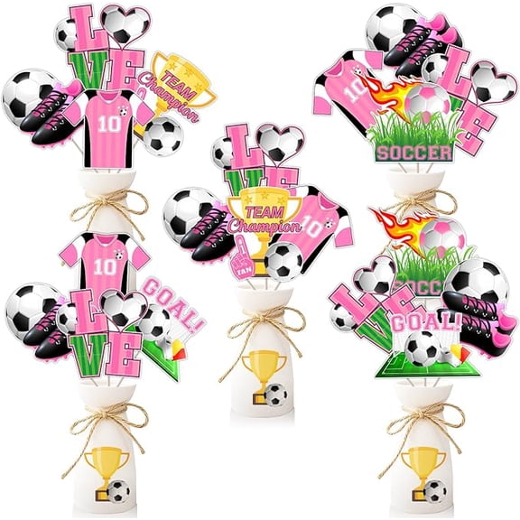 Soccer Centerpiece Sticks for Table, 24Pcs Pink Soccer Birthday Party Decorations Soccer Table Topper for Girls Women Sports Theme Birthday Party Supplies Baby Shower Decor