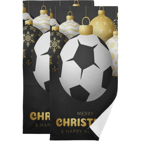 Soccer Christmas Sport Balls Hand Towels, Black Kitchen Towel Ultra Soft and Absorbent,Decorative Fingertip Face Towel for Bathroom Hotel, 2 PCS, 28.3"x 14.4"