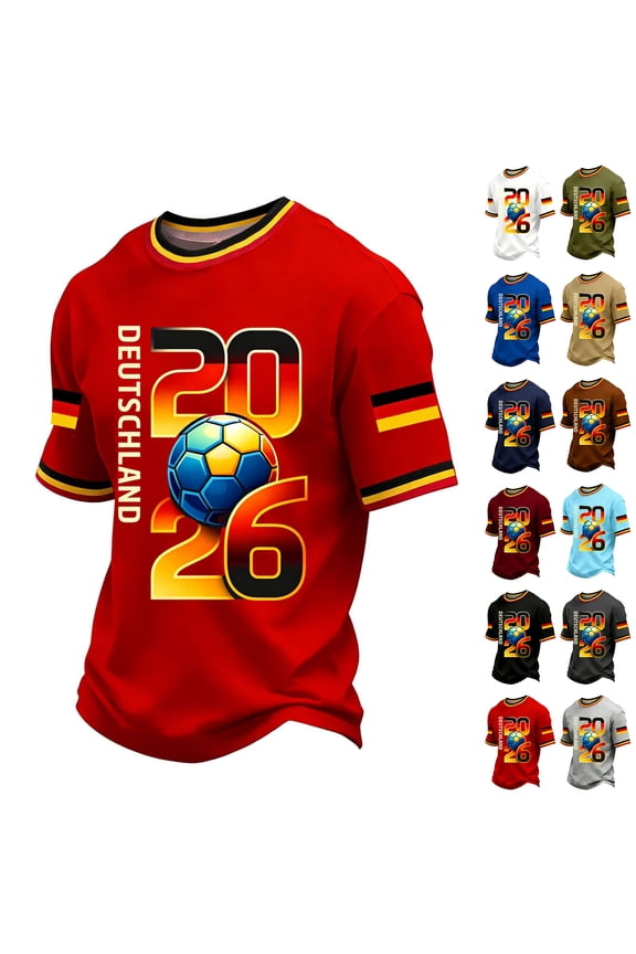 Soccer Cup 2026 Jersey for Men, Crew Neck Short Sleeve Deutschland Graphic Tee with Ball & Number Print - Quick Dry Mesh Athletic Top for Match Day & Training Red L