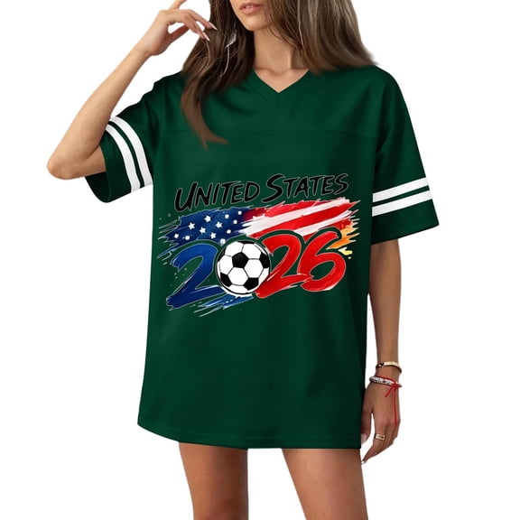 Soccer Cup 2026 Jersey Shirts for Women Casual Fashion V-neck Football Flag Print Short-sleeved Sports T-shirt Top