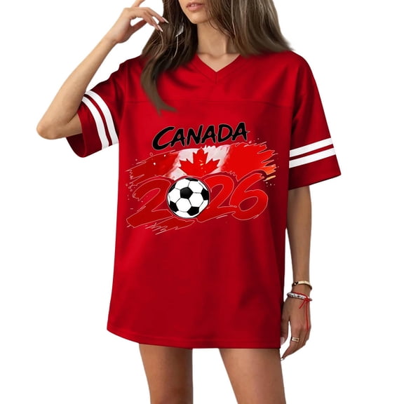 Soccer Cup 2026 Jersey Shirts for Women Casual Fashion V-neck Football Flag Print Short-sleeved Sports T-shirt Top