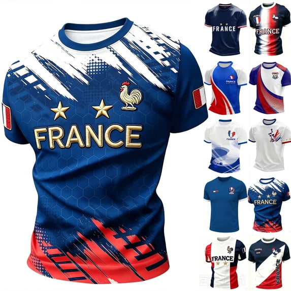 Soccer Cup 2026 Jersey for Men, Crew Neck Short Sleeve France Rooster & Stars Graphic Tee - Soft Cotton Blend Fan Top for Match Day & Stadium Blue L