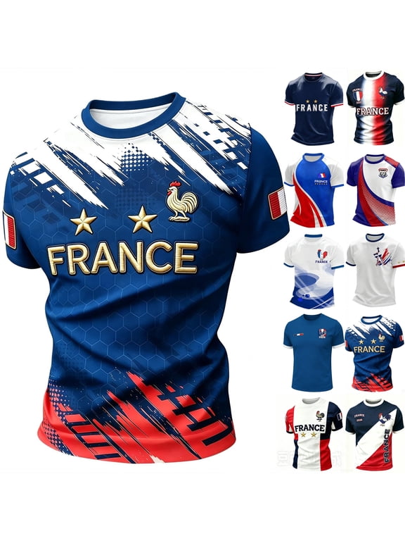Soccer Cup 2026 Jersey for Men, Crew Neck Short Sleeve France Rooster & Stars Graphic Tee - Soft Cotton Blend Fan Top for Match Day & Stadium Red L