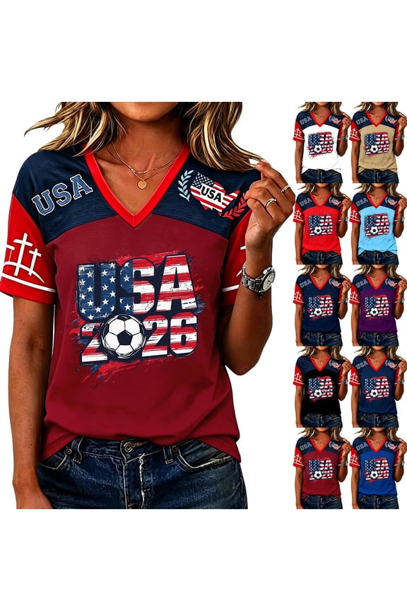 Soccer Cup 2026 Shirt Women USA Soccer Jersey Game Day T-Shirt Funny Football Match Graphic V Neck Short Sleeve Tops, 3XL