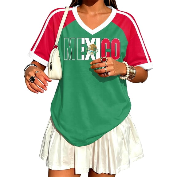 Soccer Cup 2026 Shirts for Women, Oversized Mexico Jersey Brazil Jerseys Y2K V Neck Soccer Fan Tops - Large