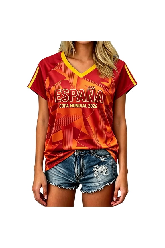 Soccer Cup 2026 Shirts for Women Oversized Spain Jerseys V Neck Soccer Fan Tops