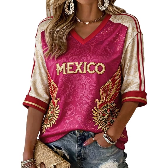 Soccer Cup 2026 T Shirts for Women World Soccer Mexico Fans Jersey Short Sleeve V Neck Graphic Print Sport Tee Jerseys Hot Pink 3XL