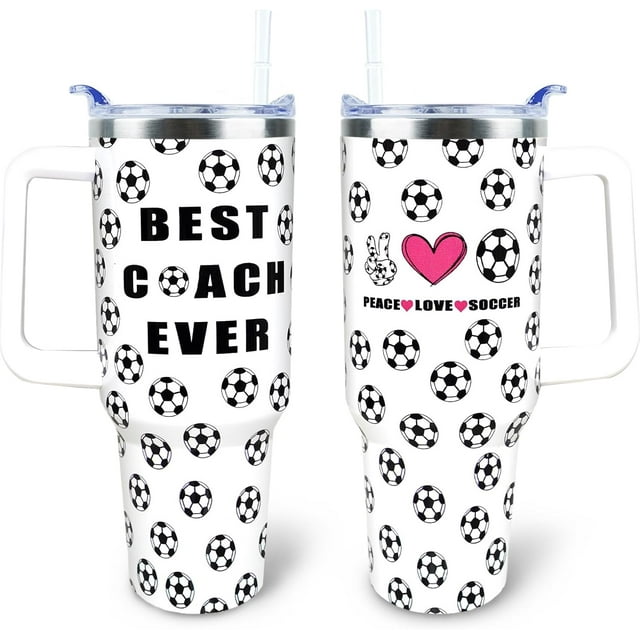 Soccer Cup 40 oz Tumbler with Handle and Straw Lid Leak Proof Soccer