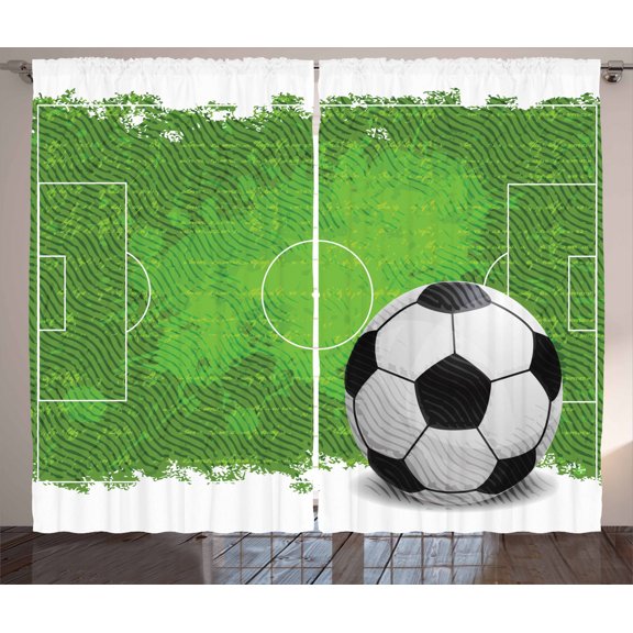Ambesonne Soccer Curtains 2 Panel Set, Grunge Football Design, 108" x 84", Green Black White