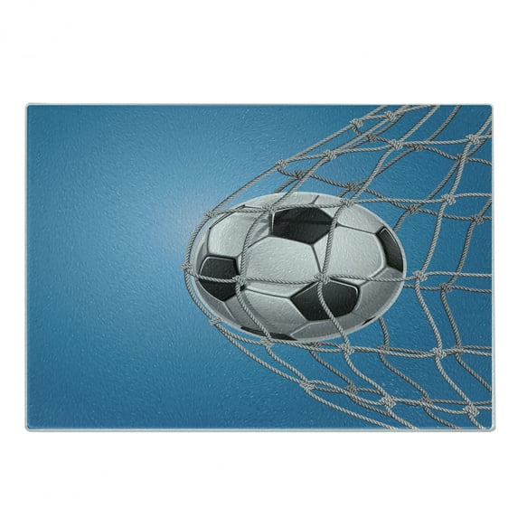 Soccer Cutting Board, Goal Football in Net Entertainment Playing for Winning Active Lifestyle, Decorative Tempered Glass Cutting and Serving Board, in 3 Sizes, by Ambesonne