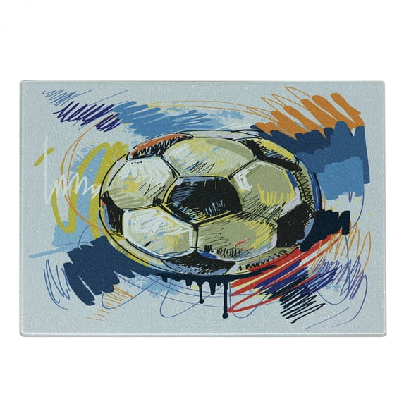 Soccer Cutting Board, Spherical Football Ball Illustration Colorful Distressed Details in Motion Art, Decorative Tempered Glass Cutting and Serving Board, Small Size, Multicolor, by Ambesonne