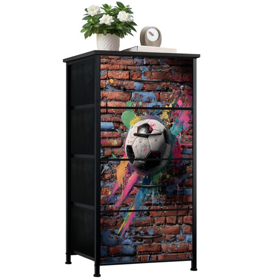 Soccer Dresser for Boys Bedroom with 4 Storage Drawers Graffiti Style Soccer Ball Neon Paint Splatter Explosion Dressers Chest of Drawers Steel Framed Fabric Closet Organizers for Dorm Entryway