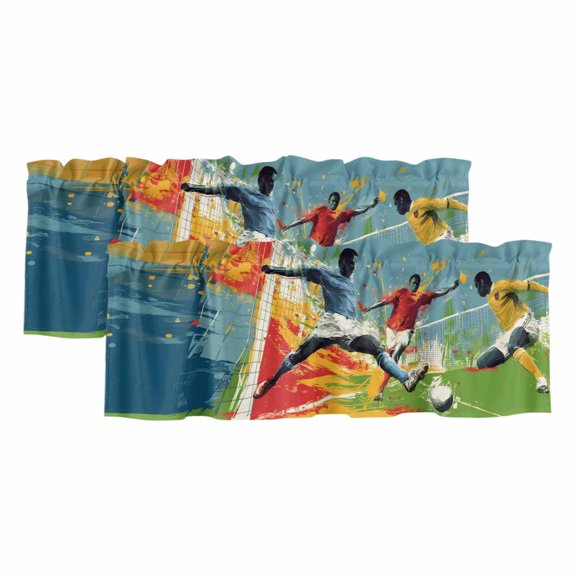Soccer Duel 2 Panels Kitchen Valance, Art Dynamic Players Modern Art Field Splash Red Yellow Curtains Valances for Small Windows Rod Pocket Window Treatments for Living Room Bedroom 42"W x 18"L