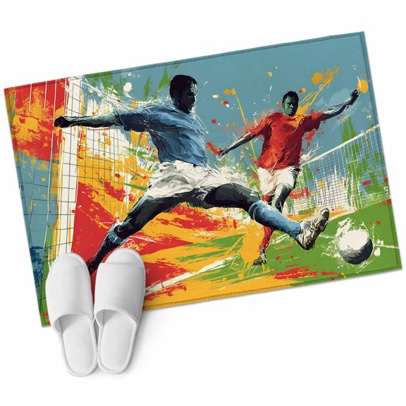 Soccer Duel Bathroom Rug Washable 2x3 Entryway Rug Non Slip Players Football Modern Artistic Field Splash Front Door Mat Low Pile Indoor Doormat Throw Floor Carpet for Kitchen Bedroom Entrance