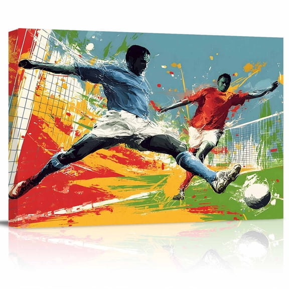 Soccer Duel Canvas Print Wall Art Art Dynamic Players Modern Art Field Splash Red Yellow Pictures Painting Morden Artwork for Living Room Bedroom, Ready to Hang - 12"x16"