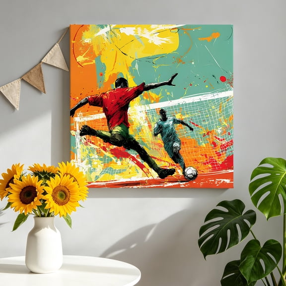 Soccer Duel Canvas Wall Art, Art Dynamic Players Modern Art Field Splash Red Pictures Wall Decor Wooden Framed Artwork Art Prints for Living Room Hallway Bedroom Office 16"x16"