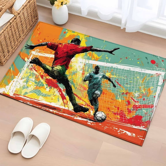 Soccer Duel Entryway Rug 2'x3' Art Dynamic Players Modern Art Field Splash Red Small Area Rug Non-Slip Front Door Mat Washable Floor Carpet for Indoor Entrance Kitchen Bathroom