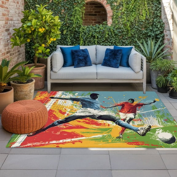 Soccer Duel Indoor Outdoor Rugs 3x5 Ft, Art Dynamic Players Modern Art Field Splash Red Yellow Outdoor Patio Rugs Mat Washable Outside Area Rugs Carpet for Porch Deck RV Camping Pool Balcony Backyard