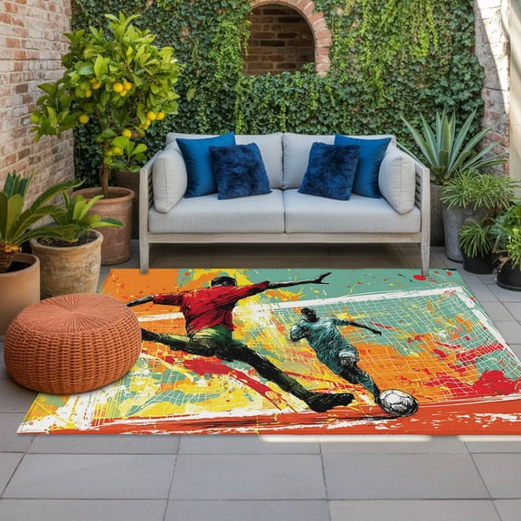 Soccer Duel Indoor Outdoor Rugs 4x6 Ft, Art Dynamic Players Modern Art Field Splash Red Outdoor Patio Rugs Mat Washable Outside Area Rugs Carpet for Porch Deck RV Camping Pool Balcony Backyard